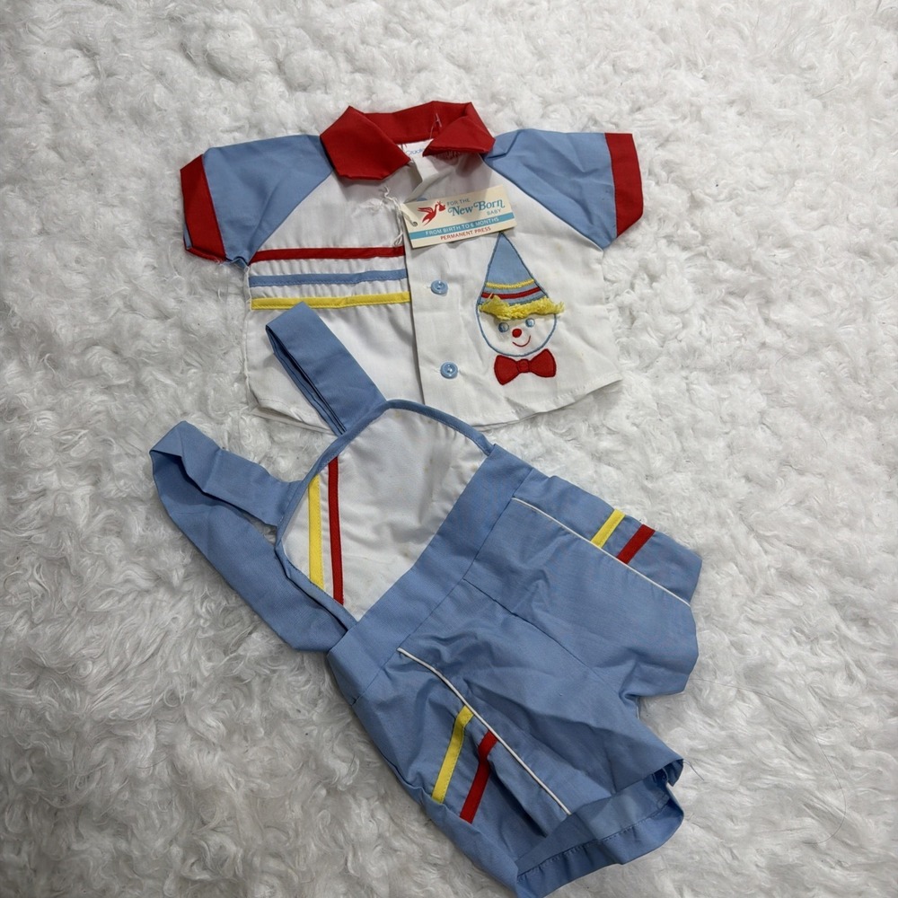 Vintage Romper Blue With Embroidered Clown Circus Stripes 2 Pcs Size Newborn 80s